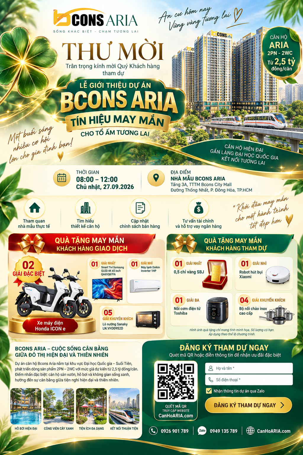 Thư mời tham dự Lễ giới thiệu dự án Bcons Aria ngày 27/09/2026